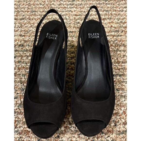 Eileen Fisher Women Black Suede Leather Wedge Peep Toe Slingbak Crescent Shoes 9 - Picture 2 of 12